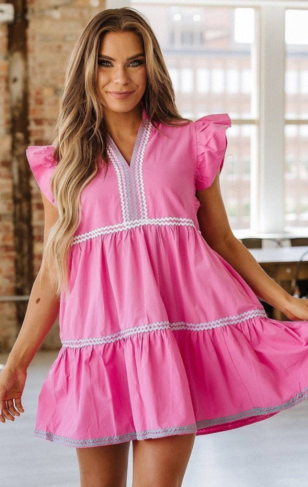 Strawberry Pink Haze Flutter Sleeve Tiered Dress Liam & Company