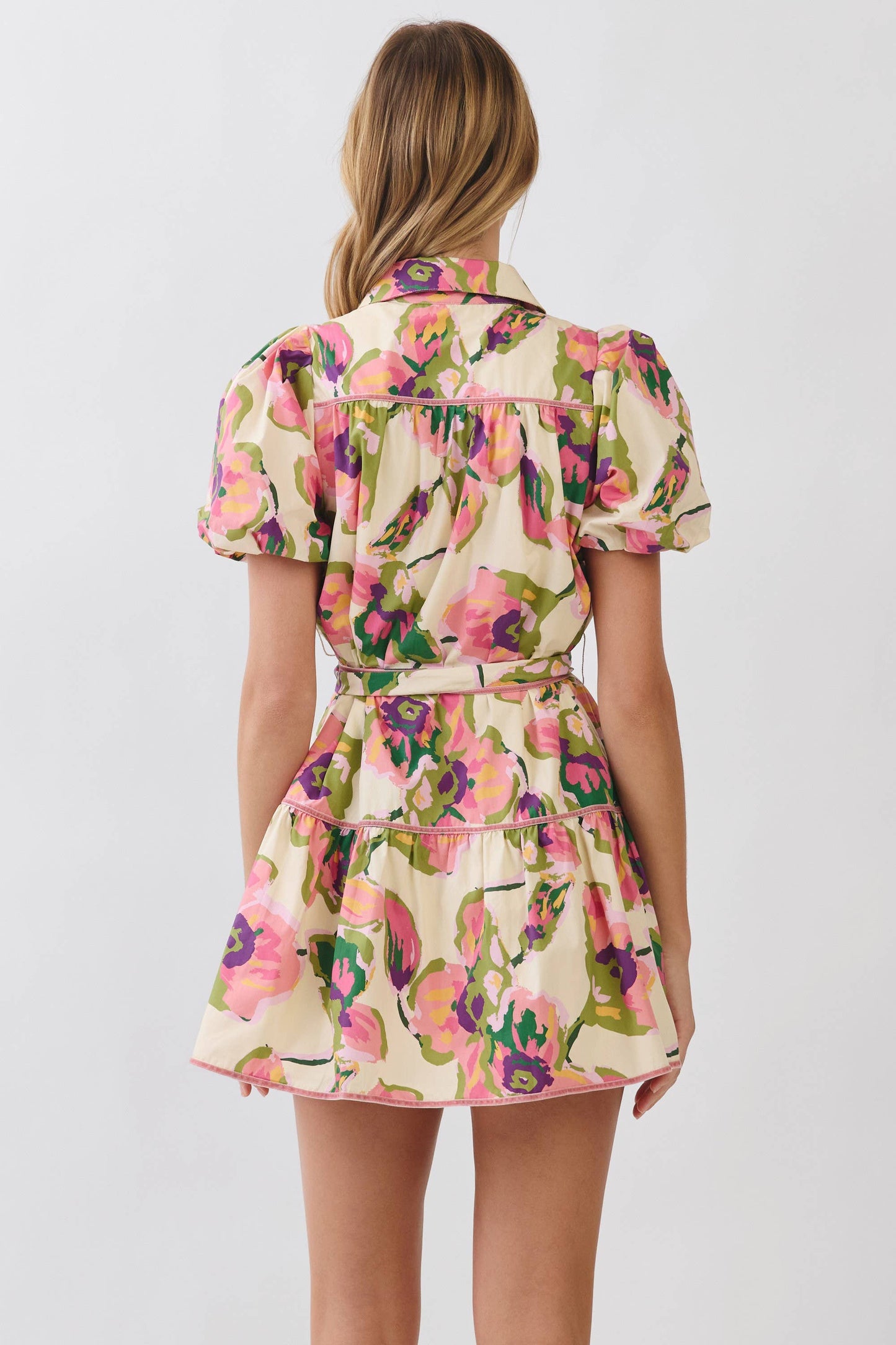TCEC - CD07233-Floral Print Puff Sleeve Belted Dress: MULTI / L TCEC
