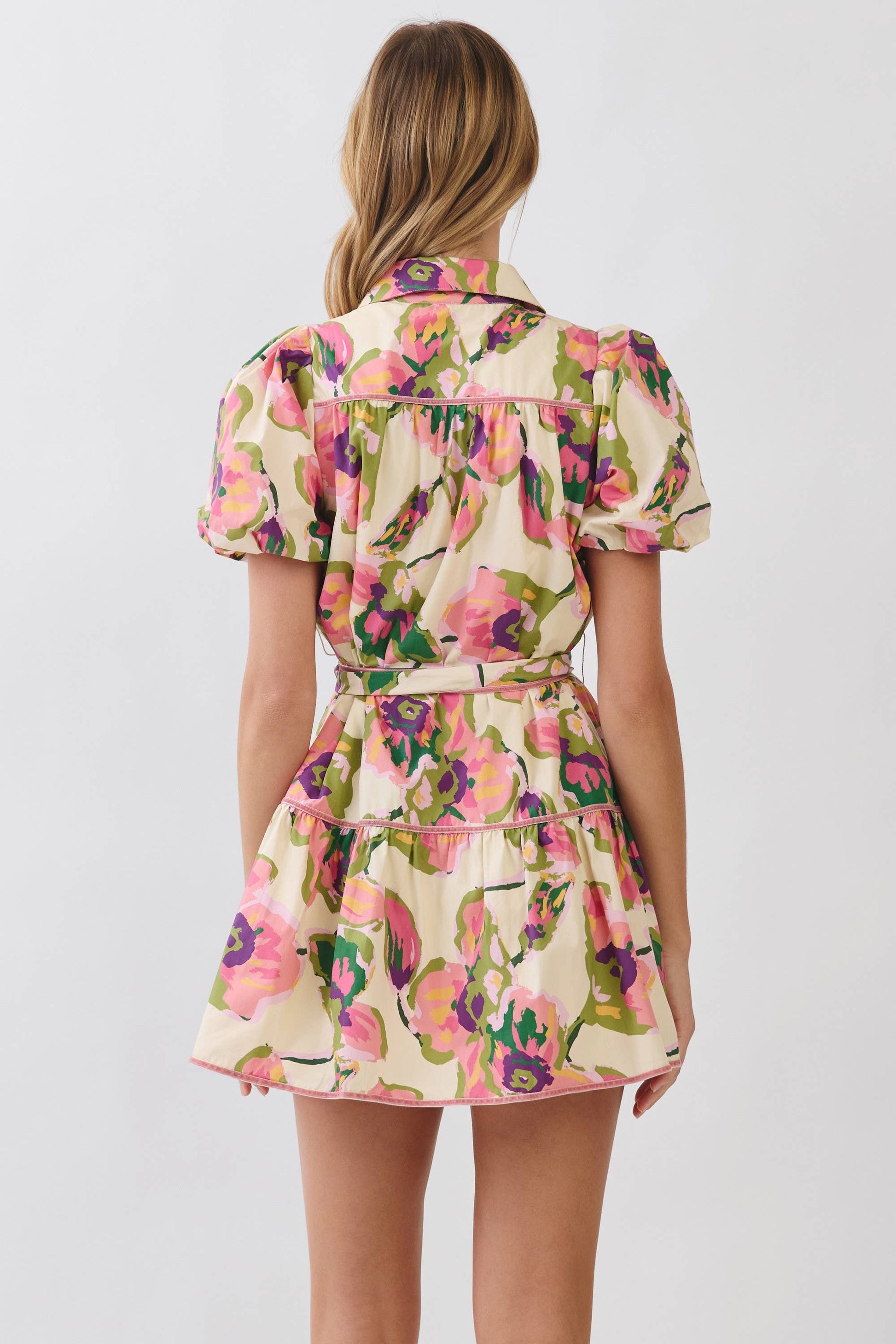 TCEC - CD07233-Floral Print Puff Sleeve Belted Dress: MULTI / L TCEC