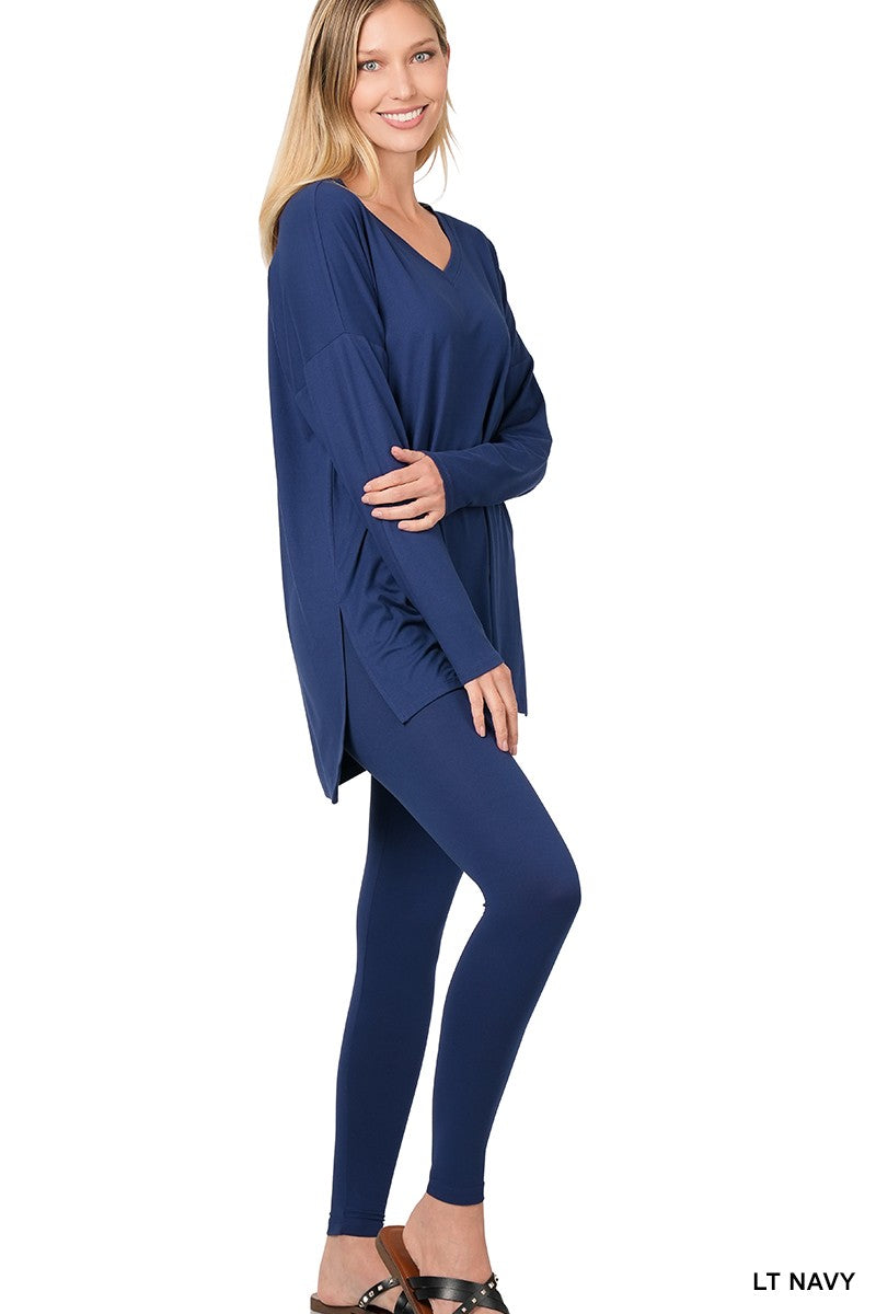 Zenana Lt Navy Brushed Dty Microfiber Loungewear Set zenana