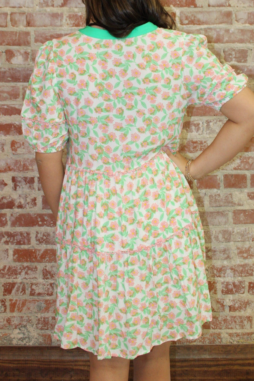LA Society Green Missy Ricrac Trim Floral Puff Sleeve Dress LA Society