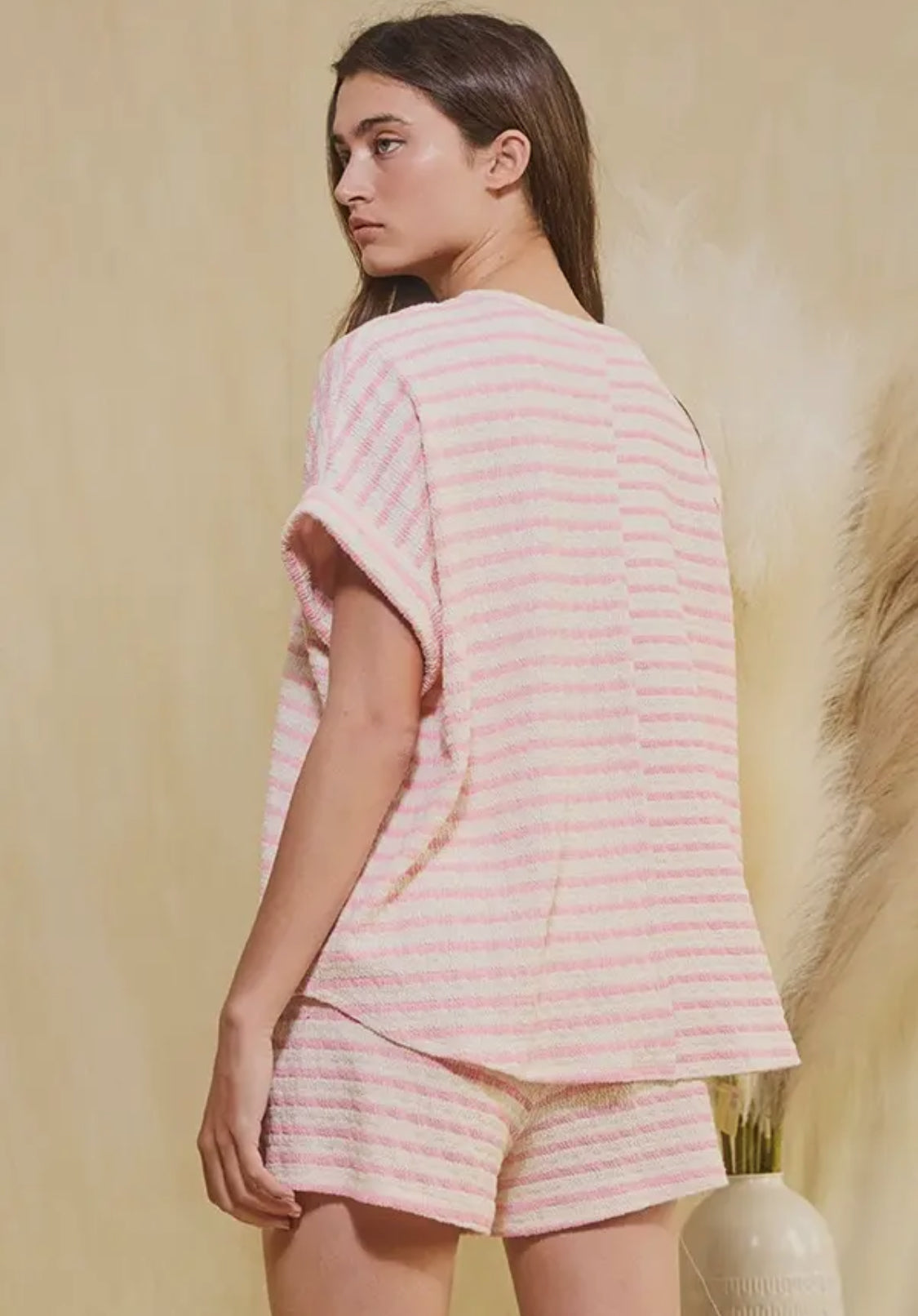 Bucketlist Pink Striped Print Textured  Dolman Sleeve Top With Drawstring Waist Shorts BUCKETLIST