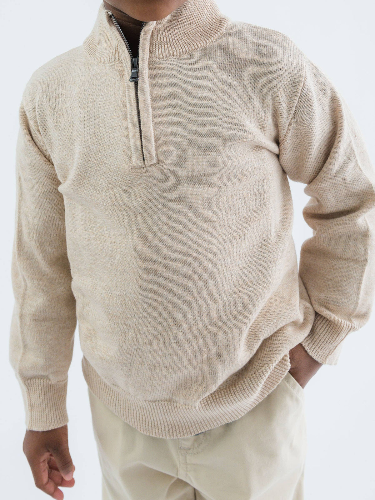 RuffleButts + RuggedButts - Boys Heather Oatmeal Quarter-Zip Sweater: Off-White / 5 RuffleButts + RuggedButts