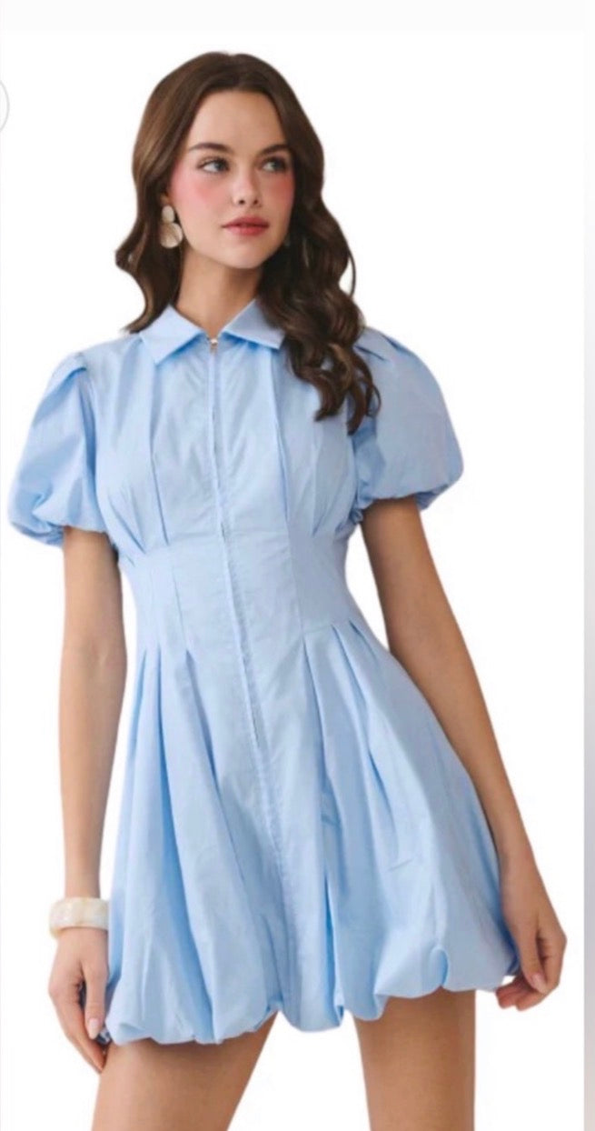 TCEC Baby Blue Fit and Flare Zipper Front Bubble Sleeves Dress TCEC