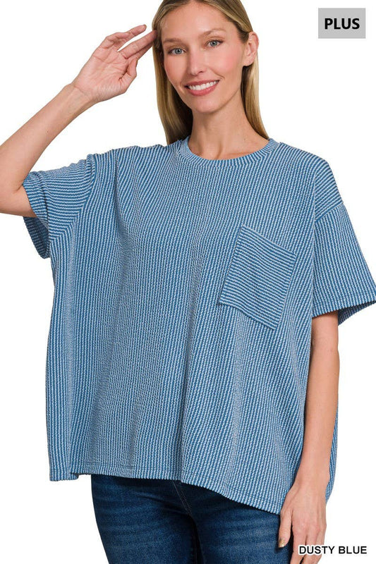 Vanilla Monkey - Plus Raised Rib Short Sleeve Front Pocket Top: DUSTY BLUE / 3-2(1X/2X-2X/3X) Vanilla Monkey
