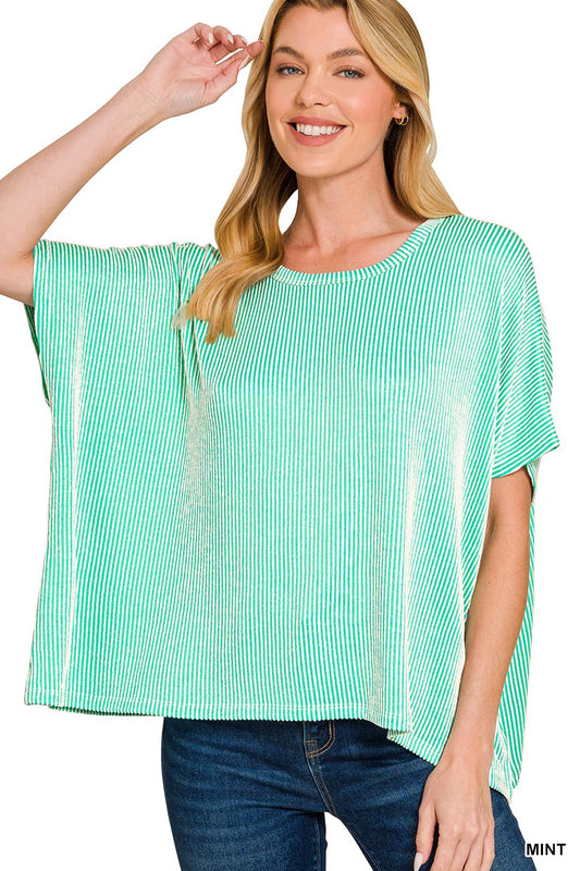 Ribbed Striped Oversized Short Sleeve Top Zenana