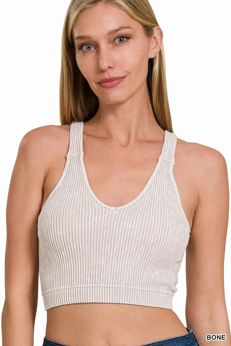 WASHED RIBBED CROPPED BRA PADDED TANK TOP zenana