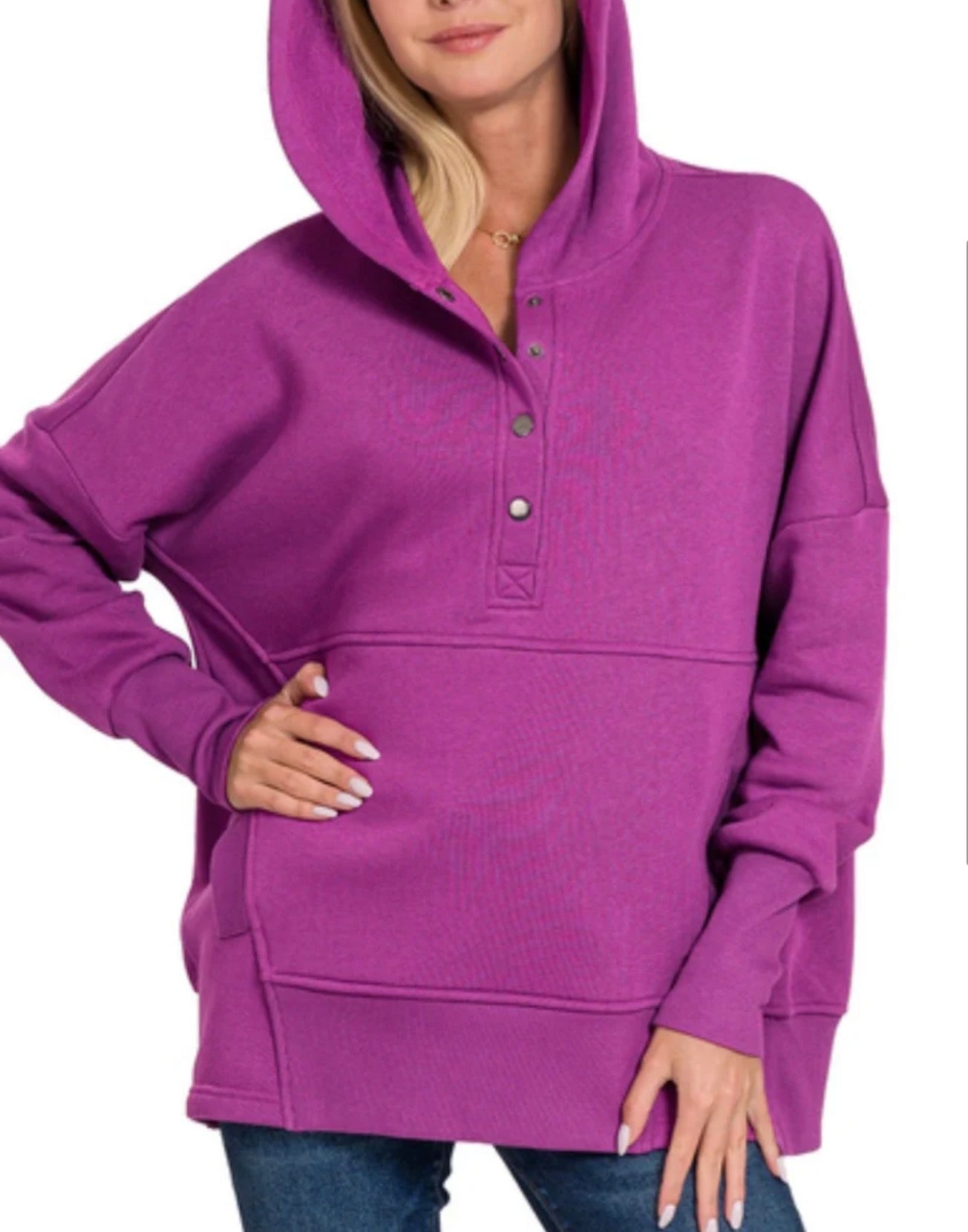 HALF BUTTON FLEECE HOODED PULLOVER zenana