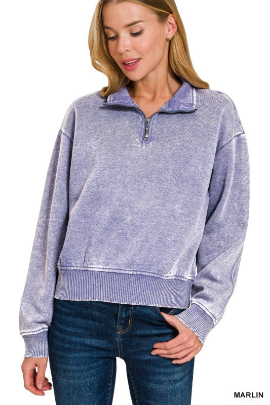 Zenana Ash Mocha Acid Wash Fleece Half Zip Pullover SOUTHERN SUNDROP BOUTIQUE