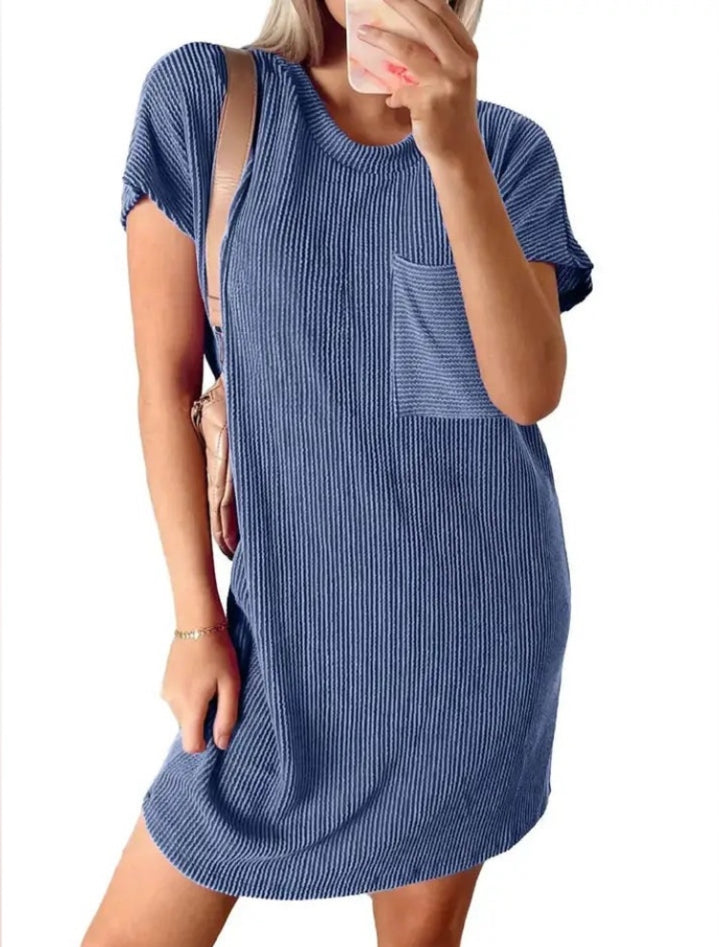 Royal Blue Summer Casual Short-Sleeve T-Shirt Dress with Pockets Lovesoft