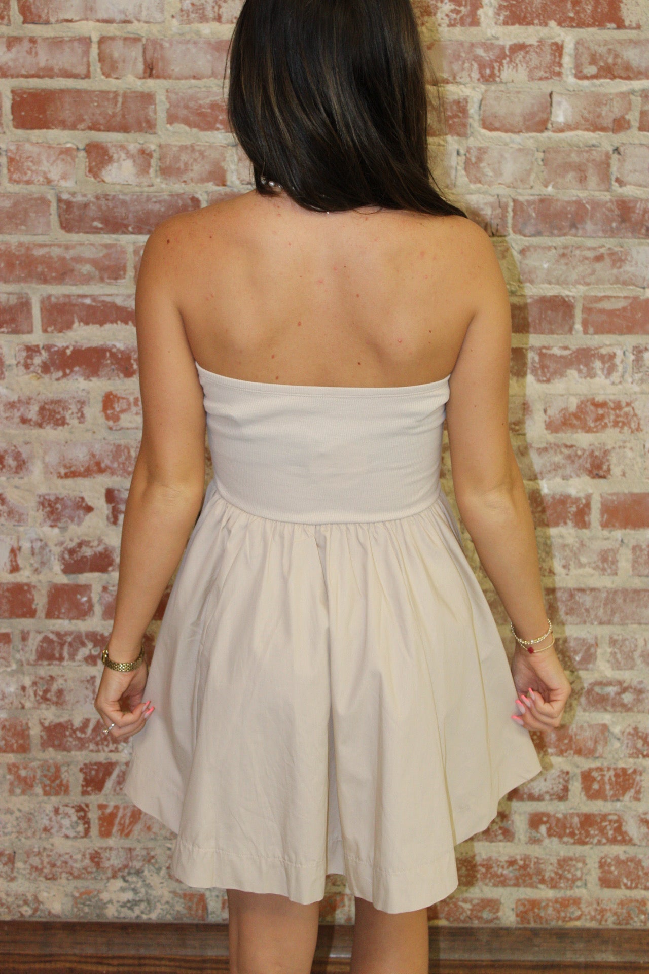 Zenana Sand Beige Combined Knit & Woven Tube Top Flare Mini Dress With Pocket zenana