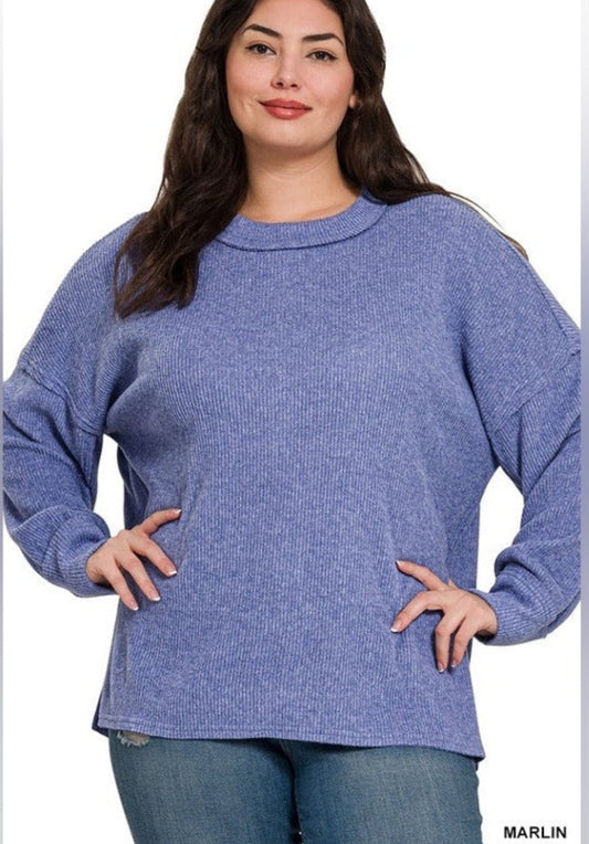 ZENANA Plus Brushed Ribbed Hacci Drop Shoulder Sweater zenana