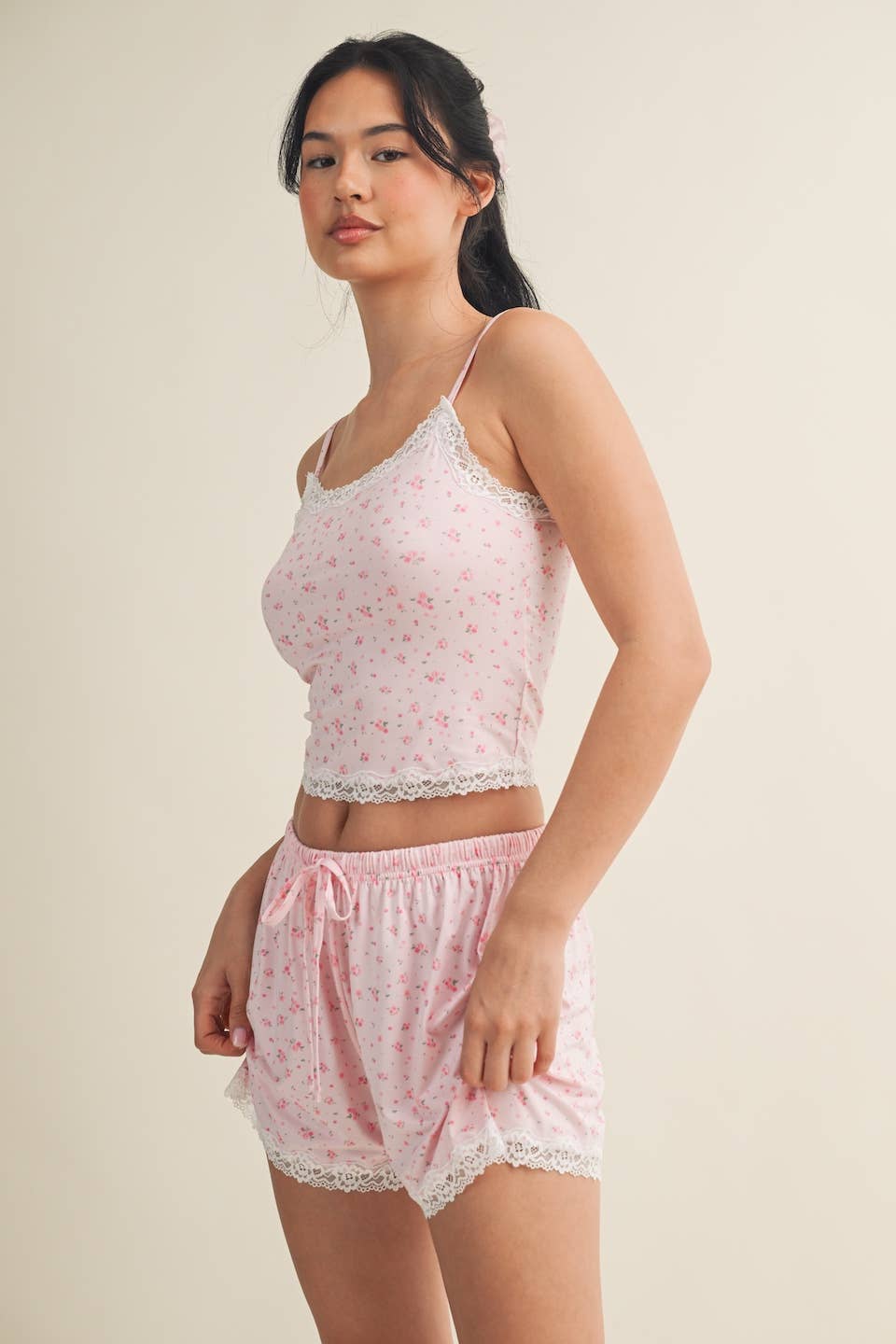KIMBERLY C Pink Ditsy Print Cami Top And Shorts with Scalloped Edge Lace Trim KIMBERLY C