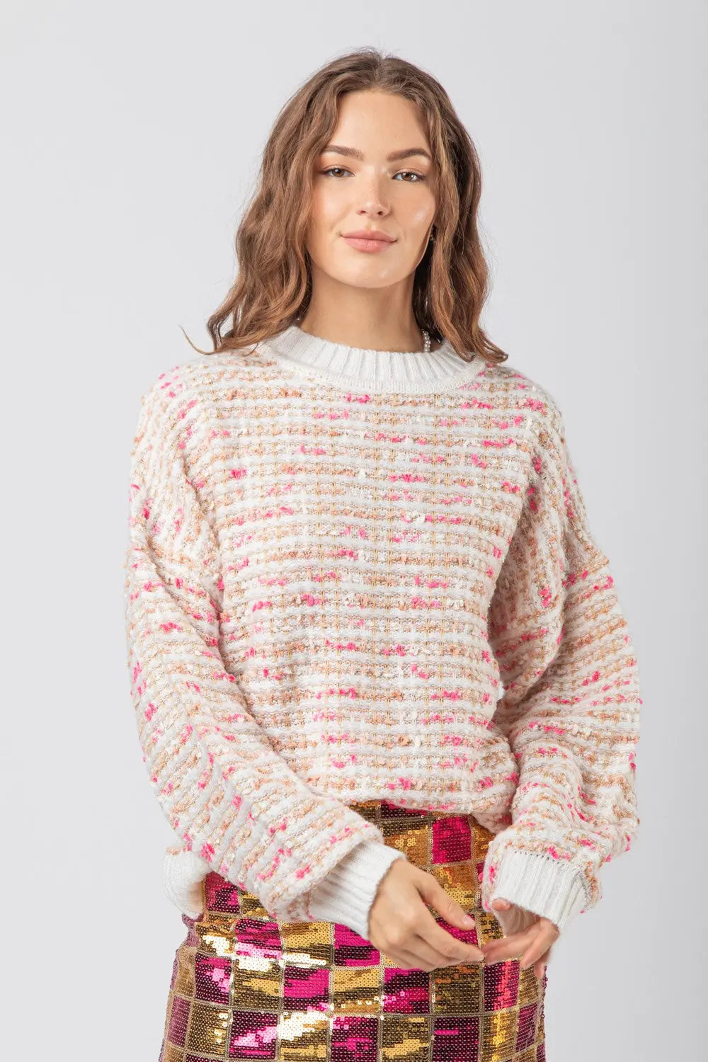 Women’s Oversized Tweed Knit Long Sleeve Sweater Top