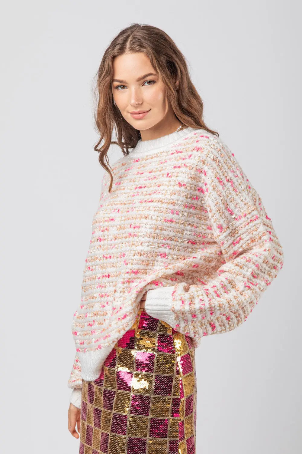 Women’s Oversized Tweed Knit Long Sleeve Sweater Top