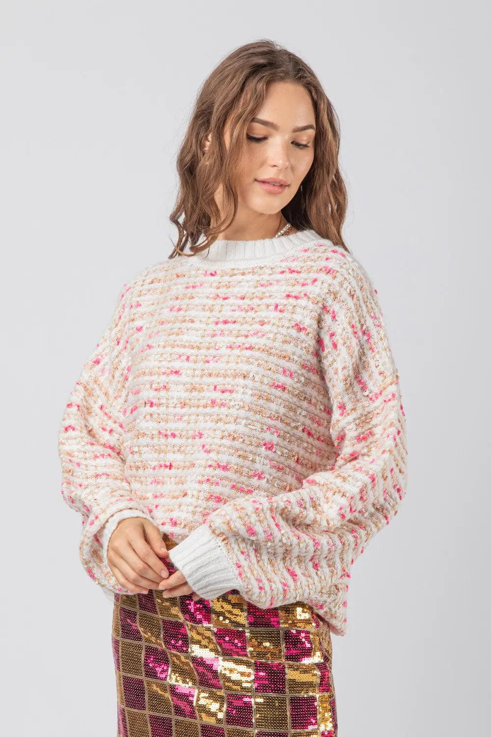 Women’s Oversized Tweed Knit Long Sleeve Sweater Top