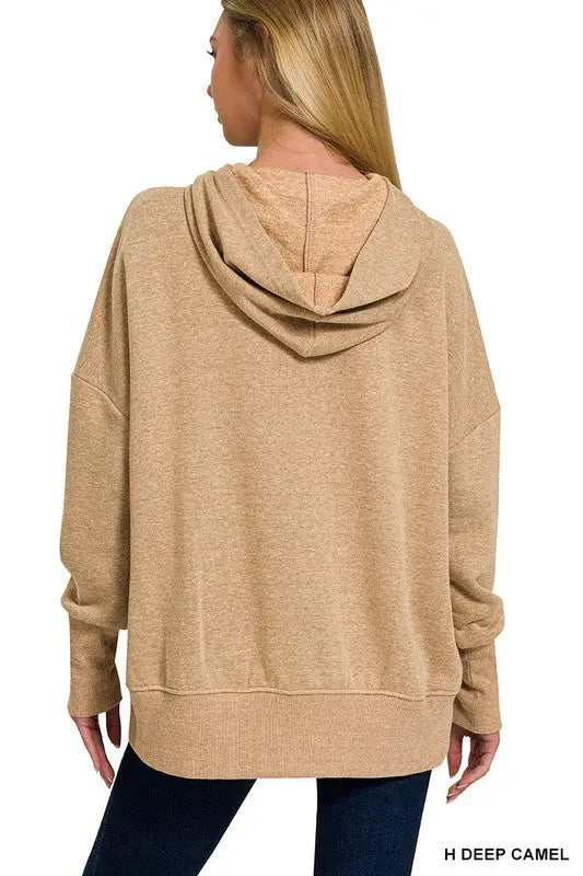 HALF BUTTON FLEECE HOODED PULLOVER zenana