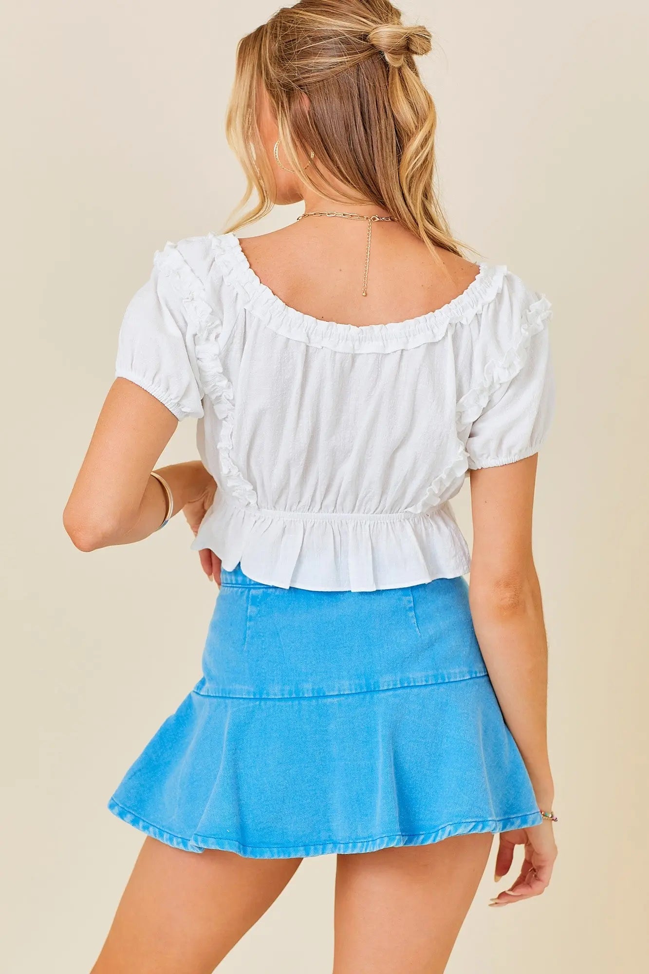 BUTTON DOWN BABYDOLL CROP TOP WITH RUFFLE DETAIL day & moon