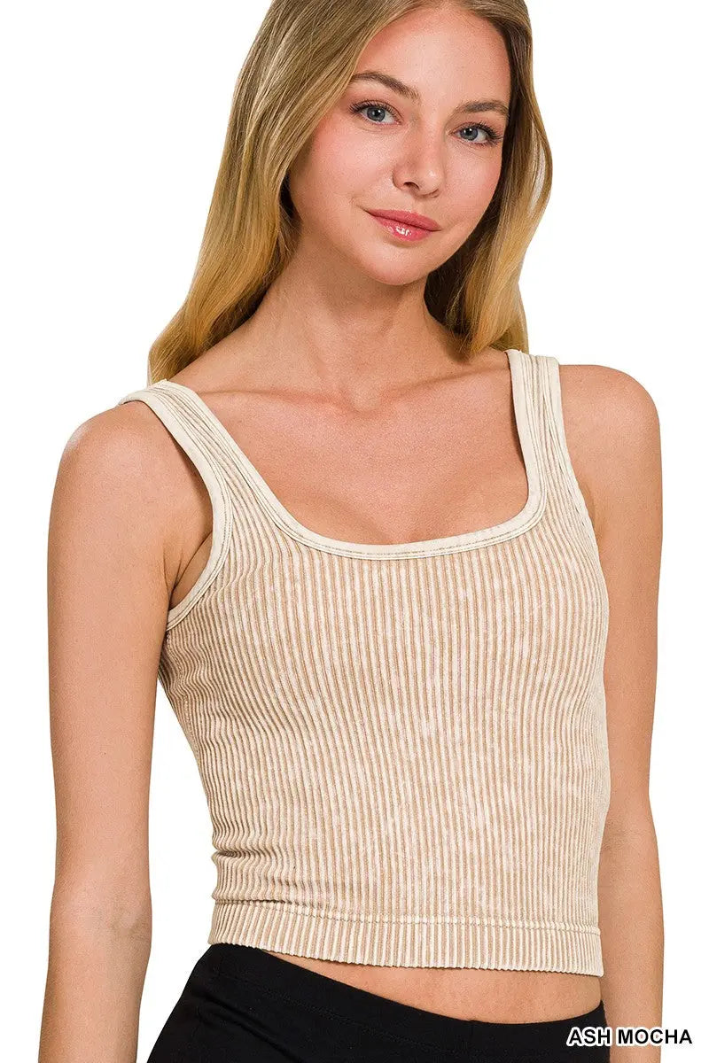 STONE WASHED RIBBED SQUARE NECK WITH BRA PADS zenana