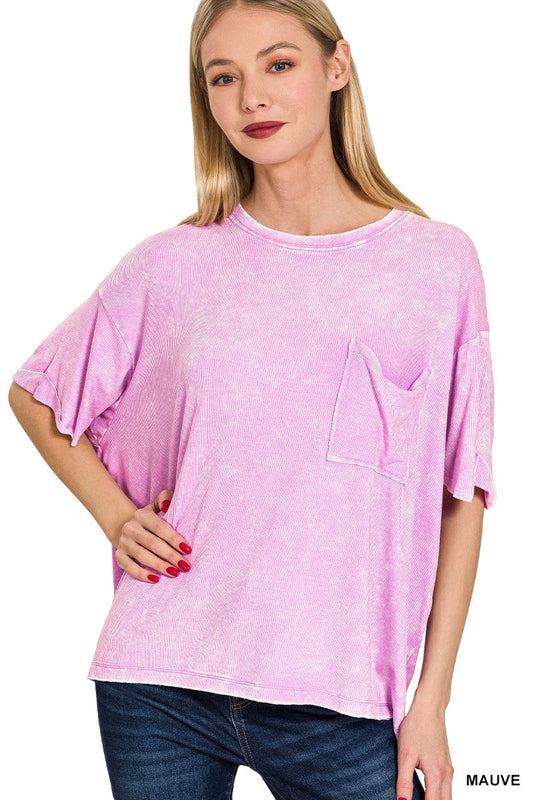 Washed Ribbed Cuffed Short Sleeve Round Neck Top SOUTHERN SUNDROP BOUTIQUE