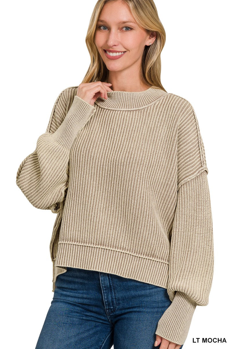 ZENANA Lt Mocha Washed Side Slit Oversized Cropped Sweater zenana