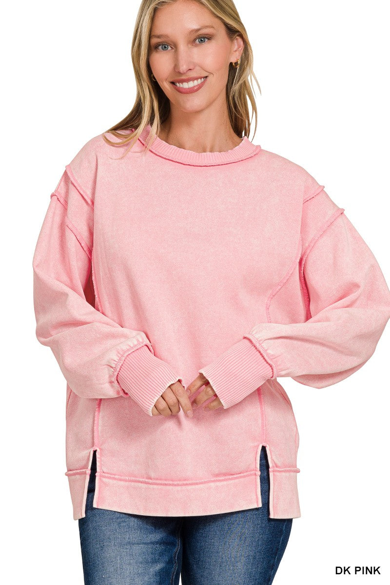 Zenana Acid Wash Exposed-Seam Fleece Sweatshirt SOUTHERN SUNDROP BOUTIQUE