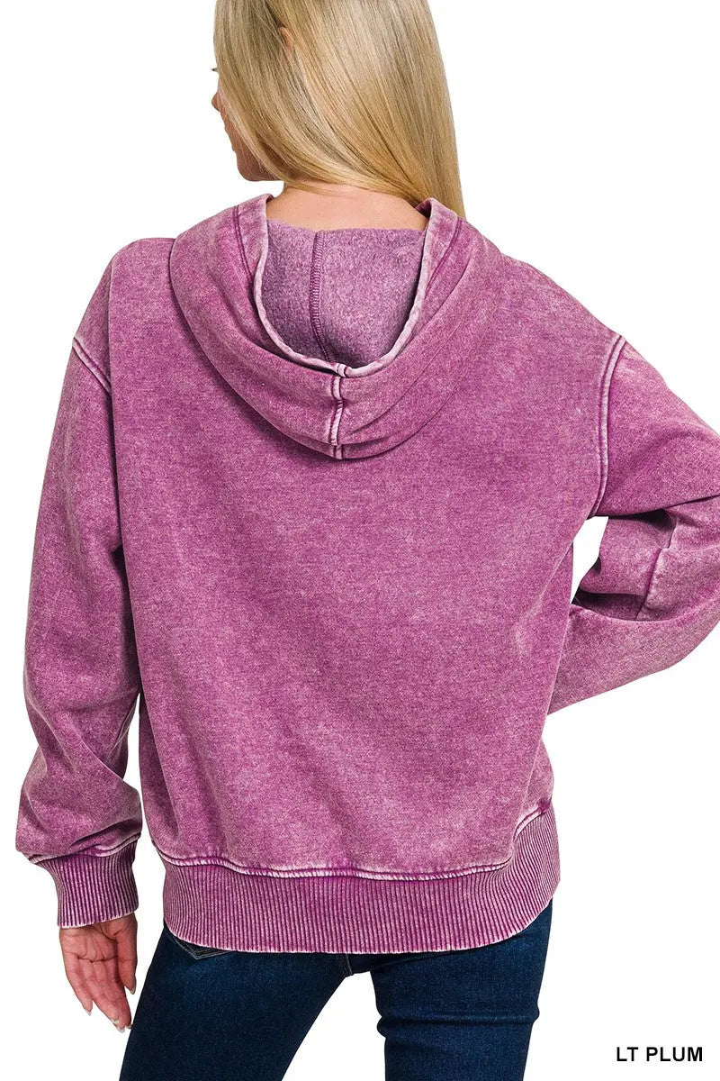 LT PLUM FLEECE ACID WASH KANGAROO POCKET HOODIE zenana