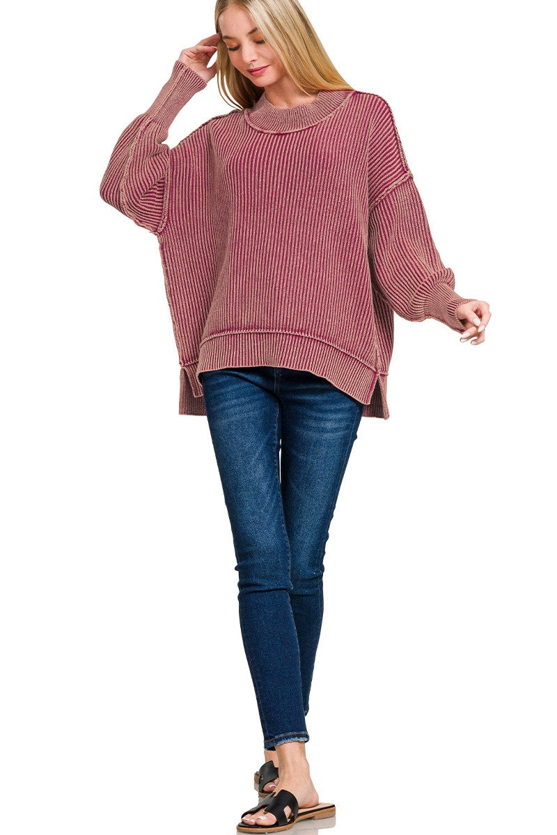 Zenana Washed Side Slit Oversized Sweater SOUTHERN SUNDROP BOUTIQUE