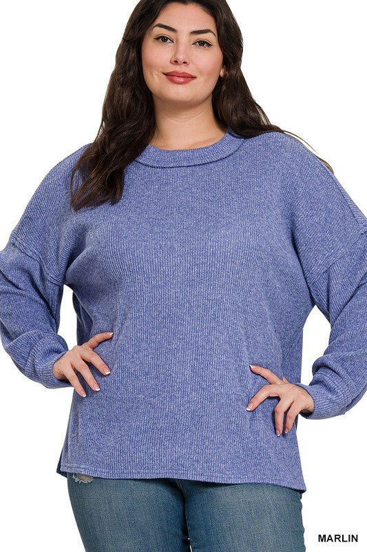 ZENANA Plus Brushed Ribbed Hacci Drop Shoulder Sweater zenana