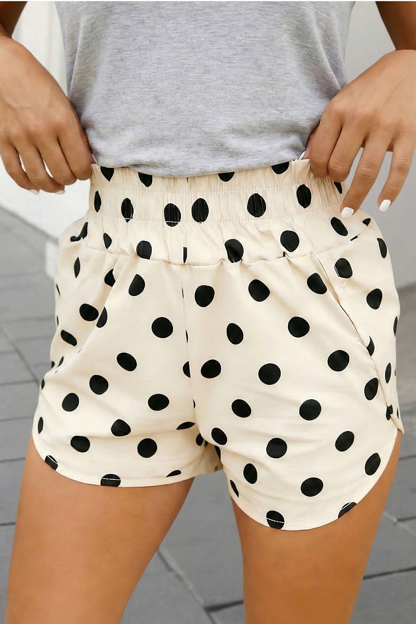 Aapparella - Polka Dot Print Shirred High Waist Shorts SS26 | S-XL: Apricot / M Aapparella