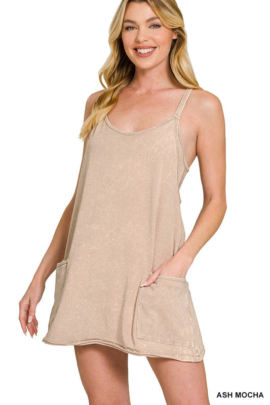 Acid Washed Mini Dress With Built-in Romper Liner Acid Washed Mini Dress With Built-in Romper Liner Zenana