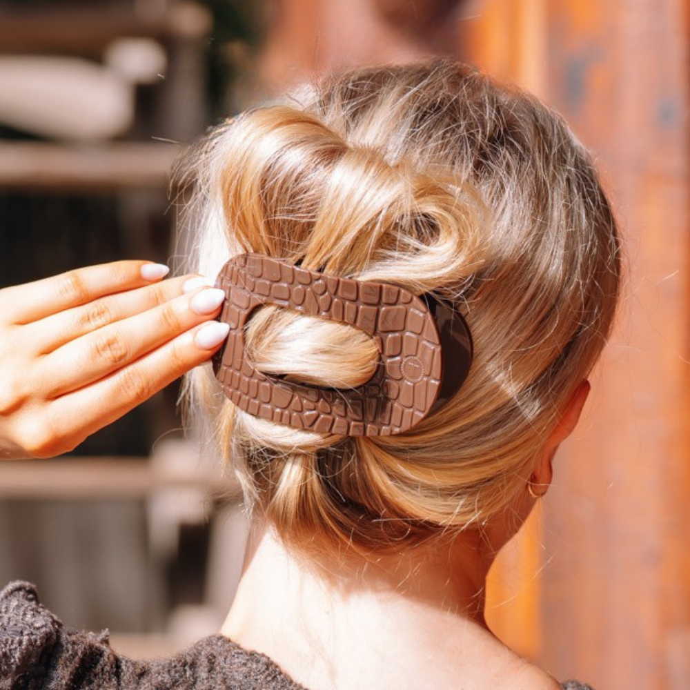 TELETIES - Brown Crocodile Large Flat Round Hair Clip TELETIES