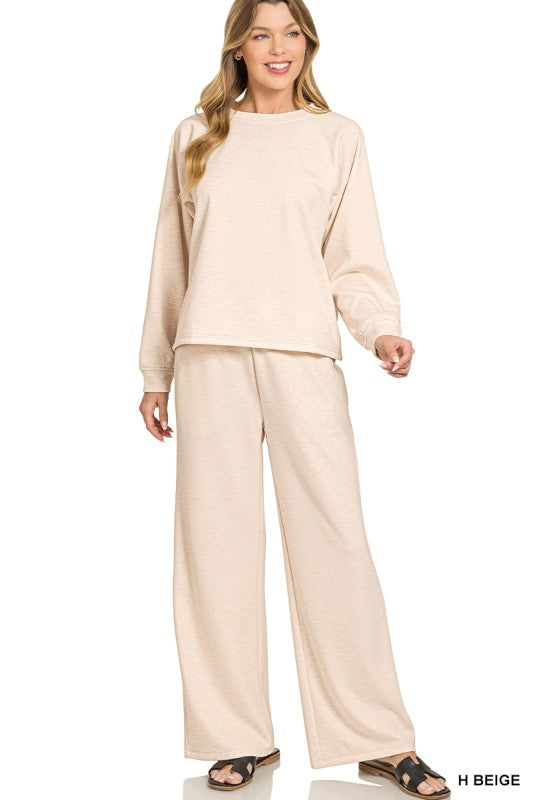 Zenana Sand Beige Scuba Crewneck Pullover & Pants 2 Pieces Set zenana