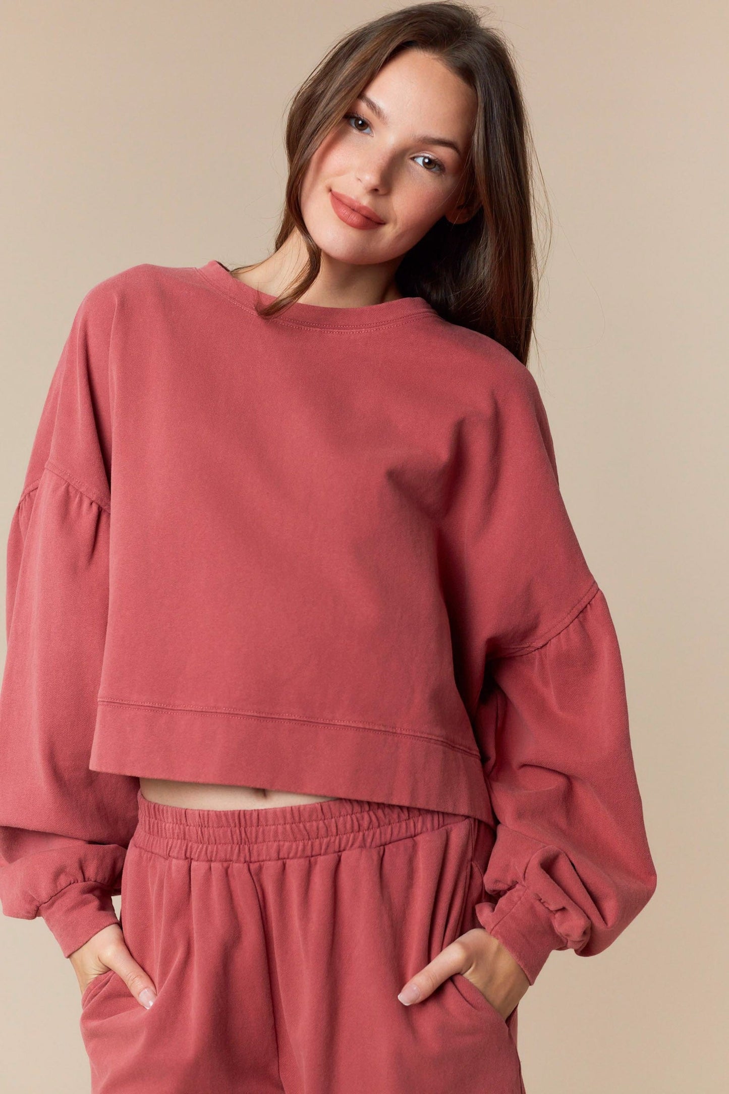 Peach Love California Washed Cut Edge Ruffle Hem Detailed Sweatshirt Peach Love California