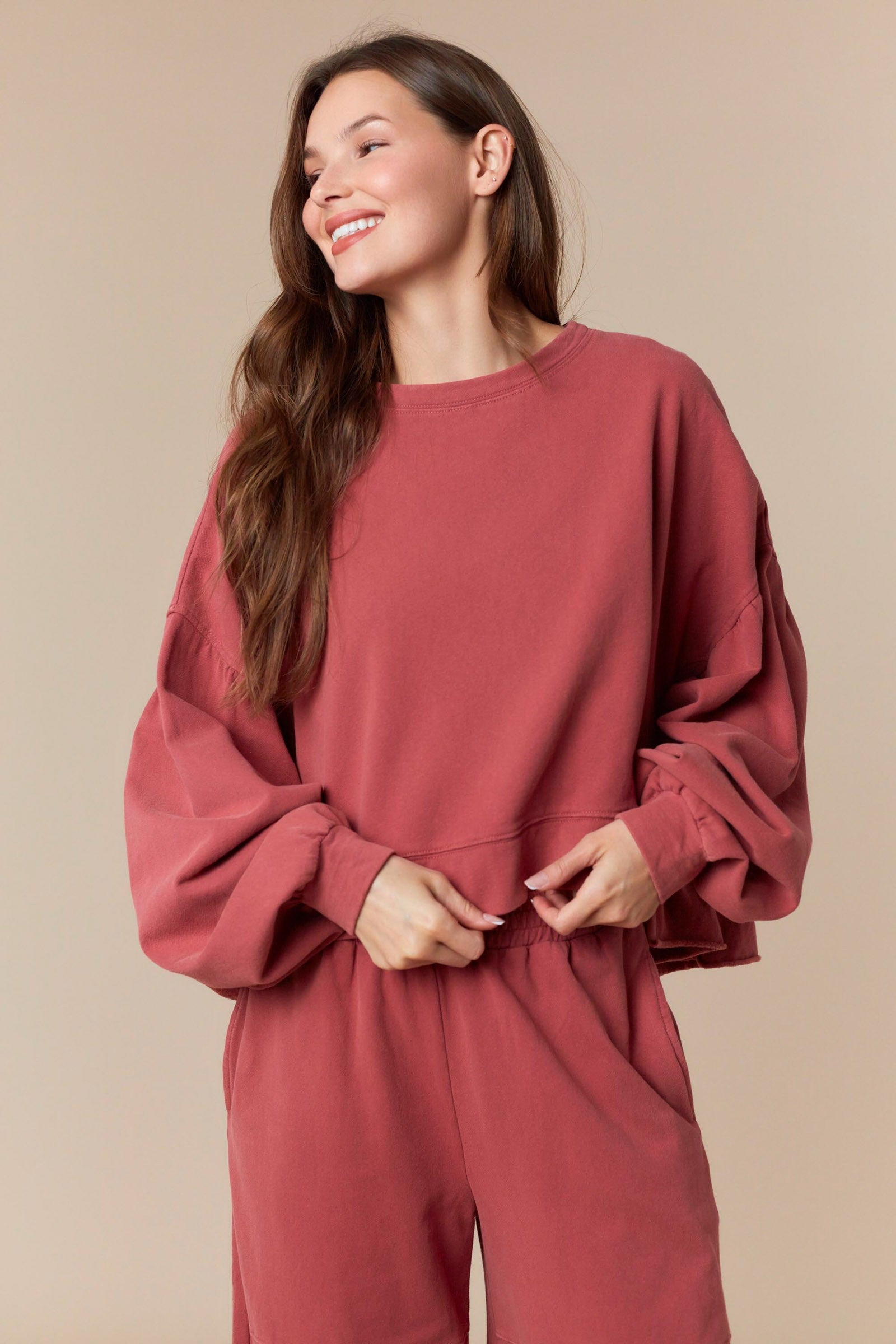 Peach Love California Washed Cut Edge Ruffle Hem Detailed Sweatshirt Peach Love California