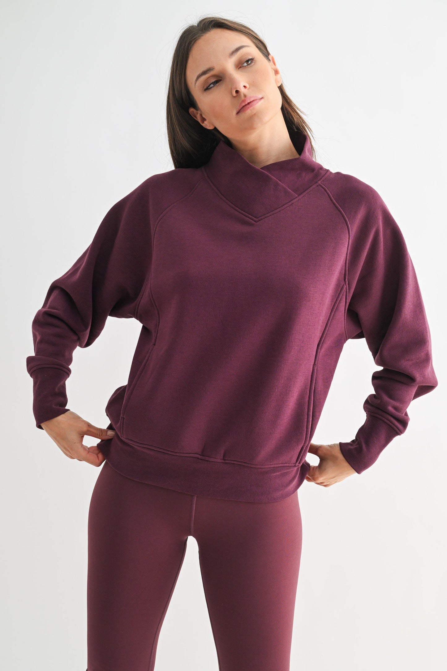 Mono B Dark Plum Fleece Mock Neck Sweater &  Crossover Waist Yoga Pants Set SOUTHERN SUNDROP BOUTIQUE
