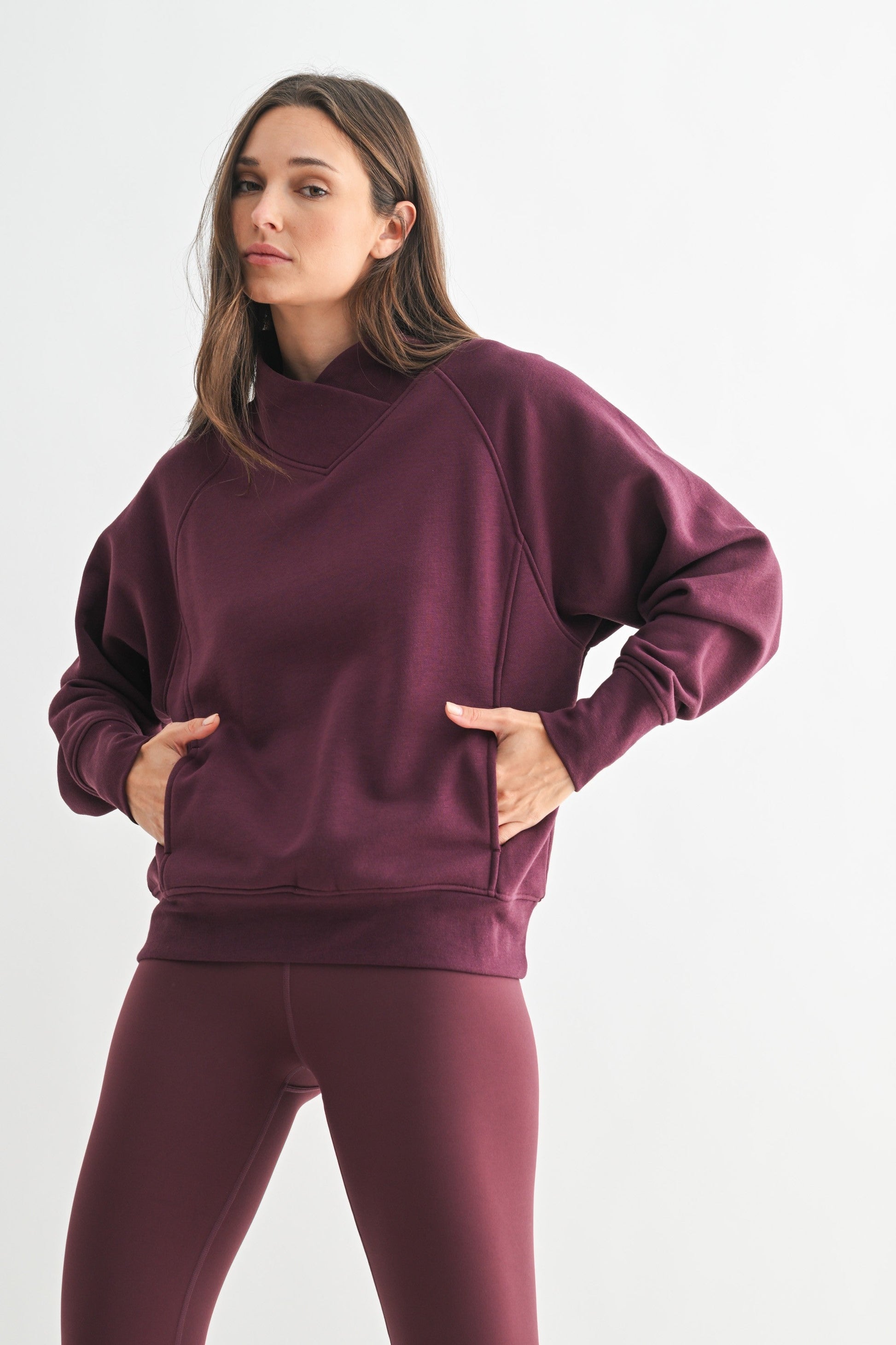 Mono B Dark Plum Fleece Mock Neck Sweater &  Crossover Waist Yoga Pants Set SOUTHERN SUNDROP BOUTIQUE