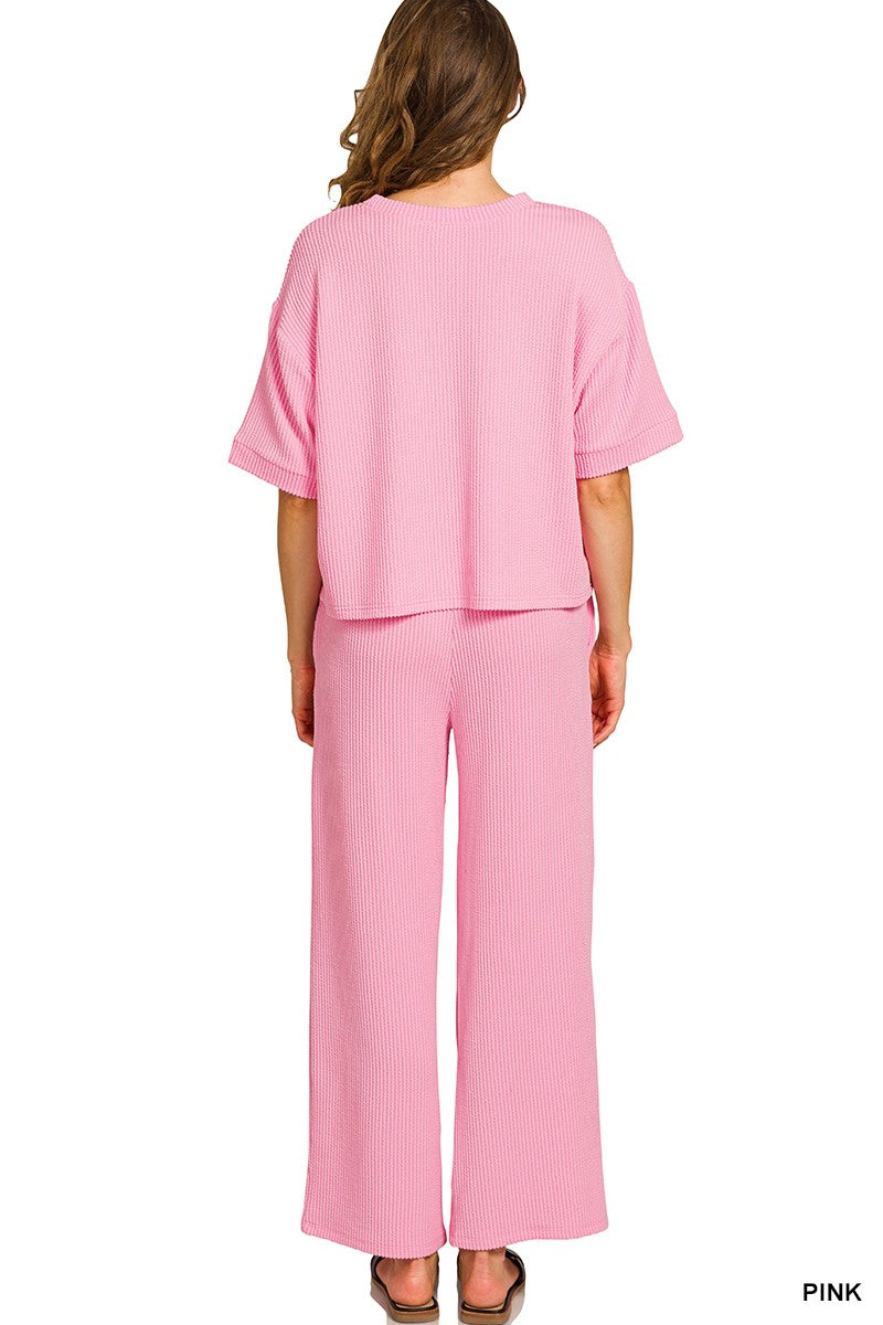 Zenana Raised Rib Short Sleeve Tee & Pants Set SOUTHERN SUNDROP BOUTIQUE
