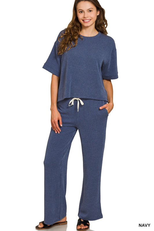 Zenana Raised Rib Short Sleeve Tee & Pants Set SOUTHERN SUNDROP BOUTIQUE