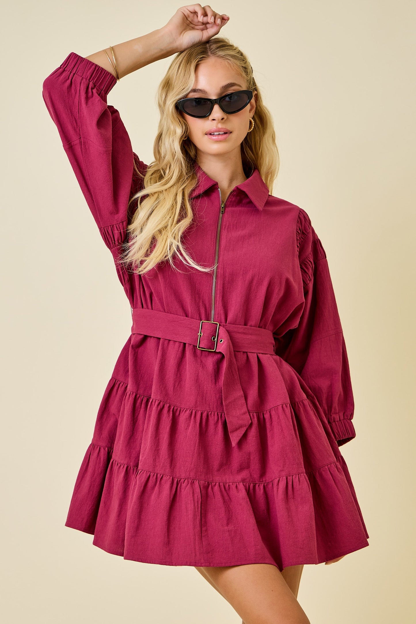 Day + Moon Collared Zip-up Mini Dress W/ Belt & Tiered Skirt day & moon