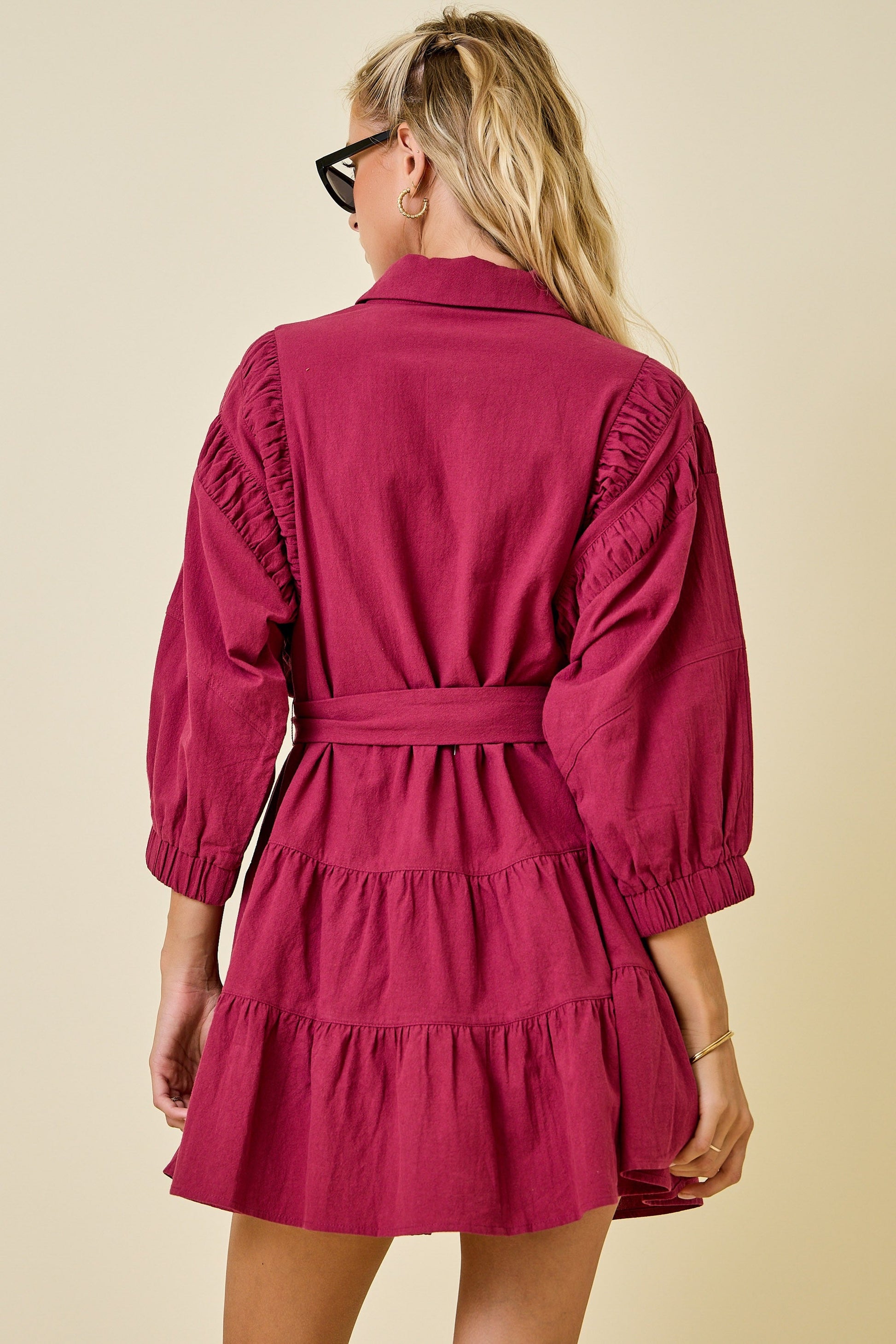 Day + Moon Collared Zip-up Mini Dress W/ Belt & Tiered Skirt day & moon