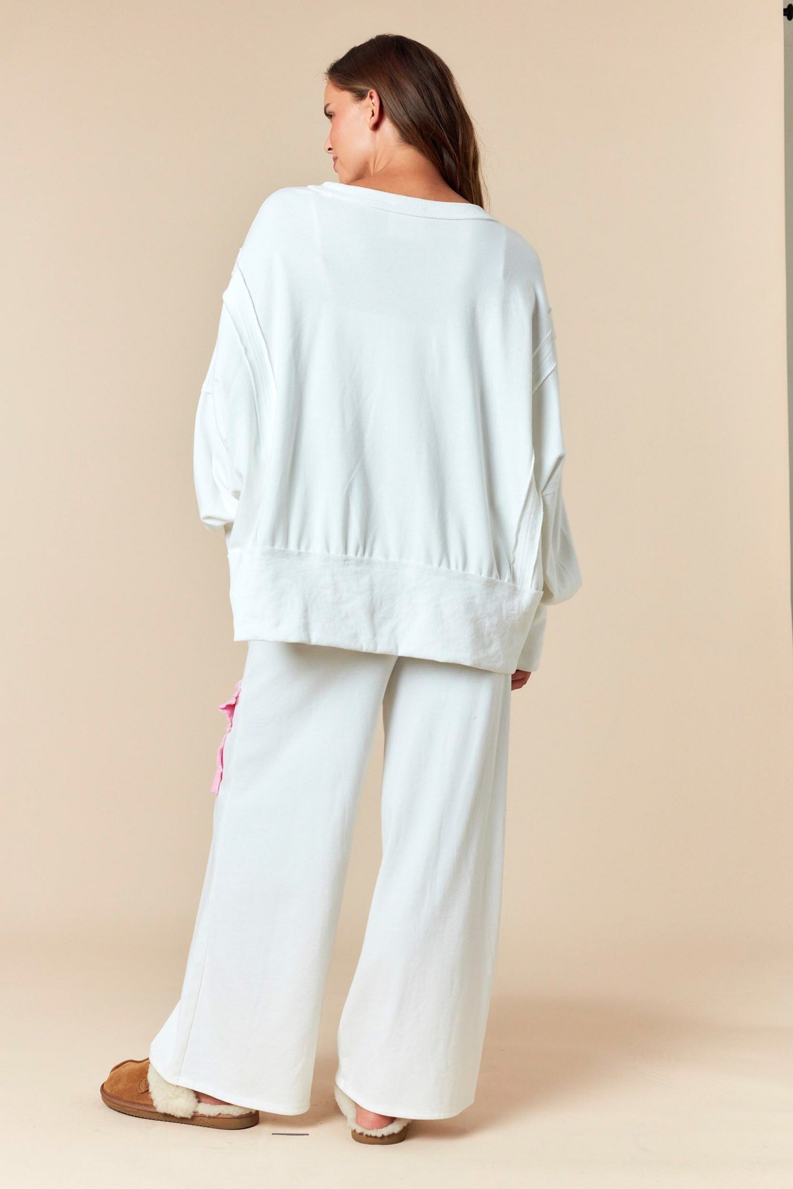 FANTASTIC FAWN Frayed Denim Bow French Terry Hi-low Sweatshirt And Pants Set SOUTHERN SUNDROP BOUTIQUE