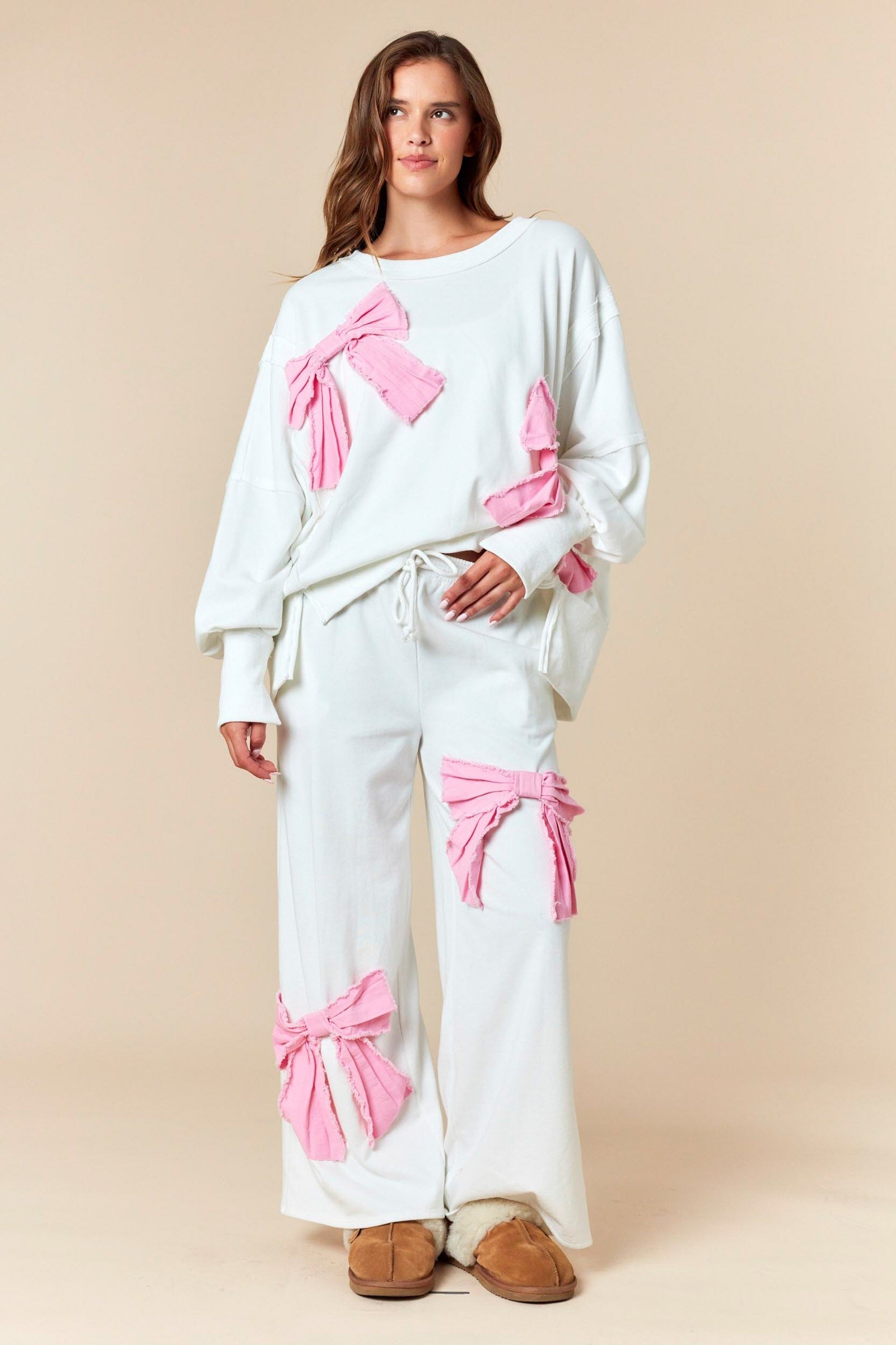 FANTASTIC FAWN Frayed Denim Bow French Terry Hi-low Sweatshirt And Pants Set SOUTHERN SUNDROP BOUTIQUE