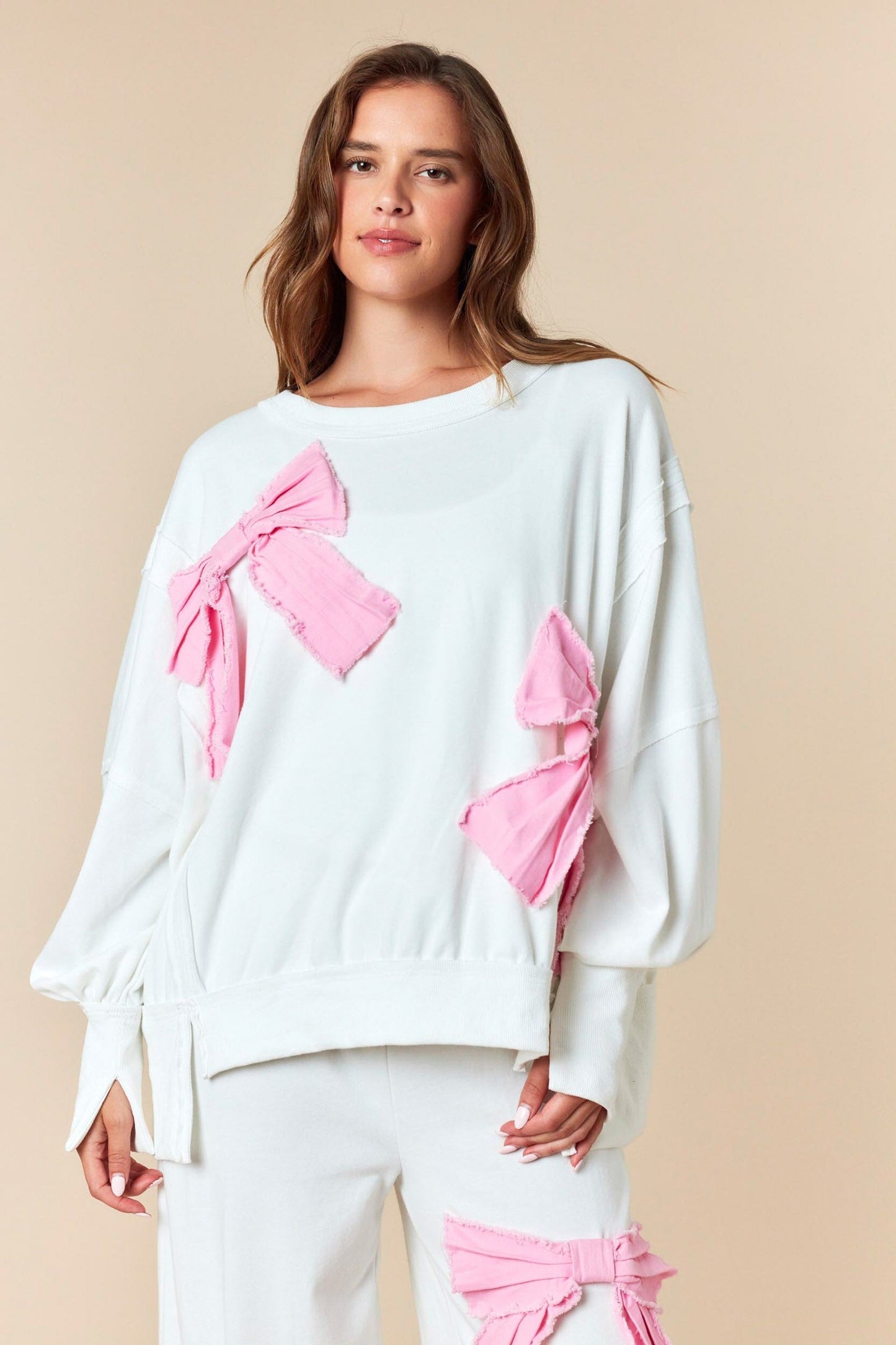 FANTASTIC FAWN Frayed Denim Bow French Terry Hi-low Sweatshirt And Pants Set SOUTHERN SUNDROP BOUTIQUE