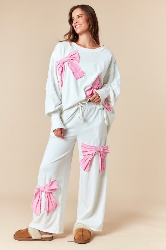 FANTASTIC FAWN Frayed Denim Bow French Terry Hi-low Sweatshirt And Pants Set SOUTHERN SUNDROP BOUTIQUE