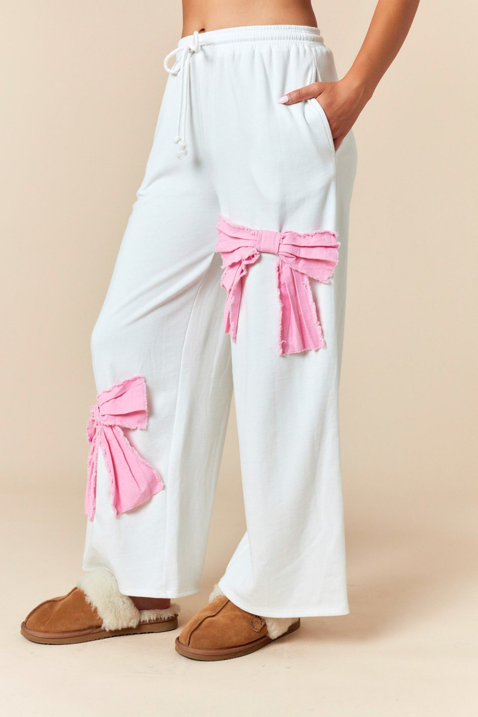 FANTASTIC FAWN Frayed Denim Bow French Terry Hi-low Sweatshirt And Pants Set SOUTHERN SUNDROP BOUTIQUE