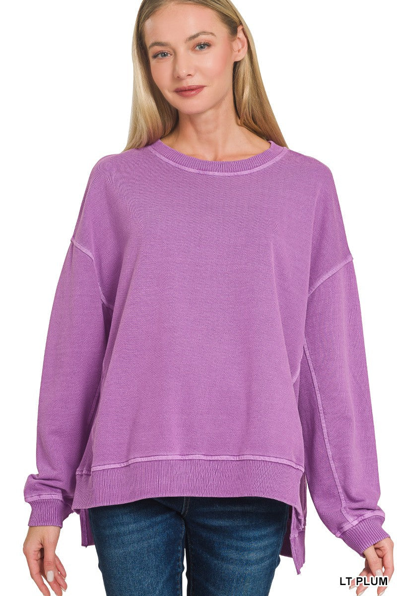 ZENANA Lt Plum French Terry Pigment Dye & Enzyme Washing Pullover SOUTHERN SUNDROP BOUTIQUE