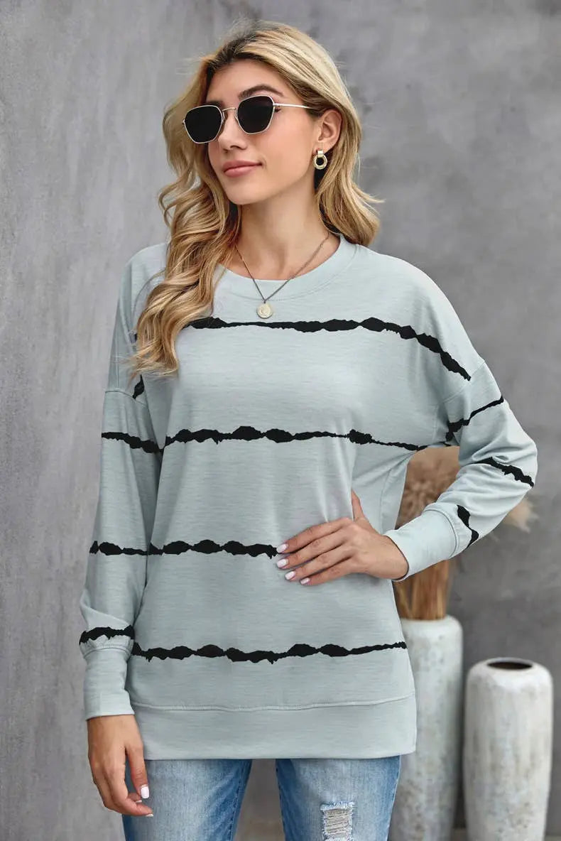 Long Sleeve Crewneck Sweatshirt Striped Printed Pullover