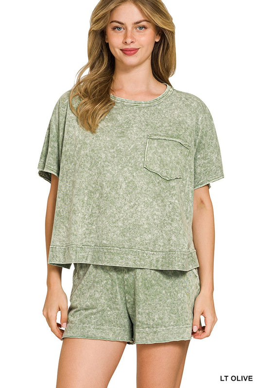 Halo Snow Washed Boxy Top & Shorts Set Zenana