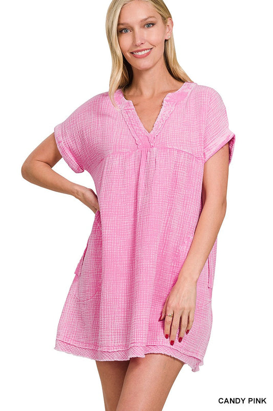 Washed Double Gauze Raw Edge V-neck Dress SOUTHERN SUNDROP BOUTIQUE